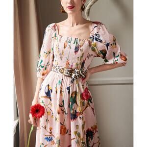 Tanya Taylor Lucinda Midi Dress Size Small Jungle Tropical Smocked Off Shoulder